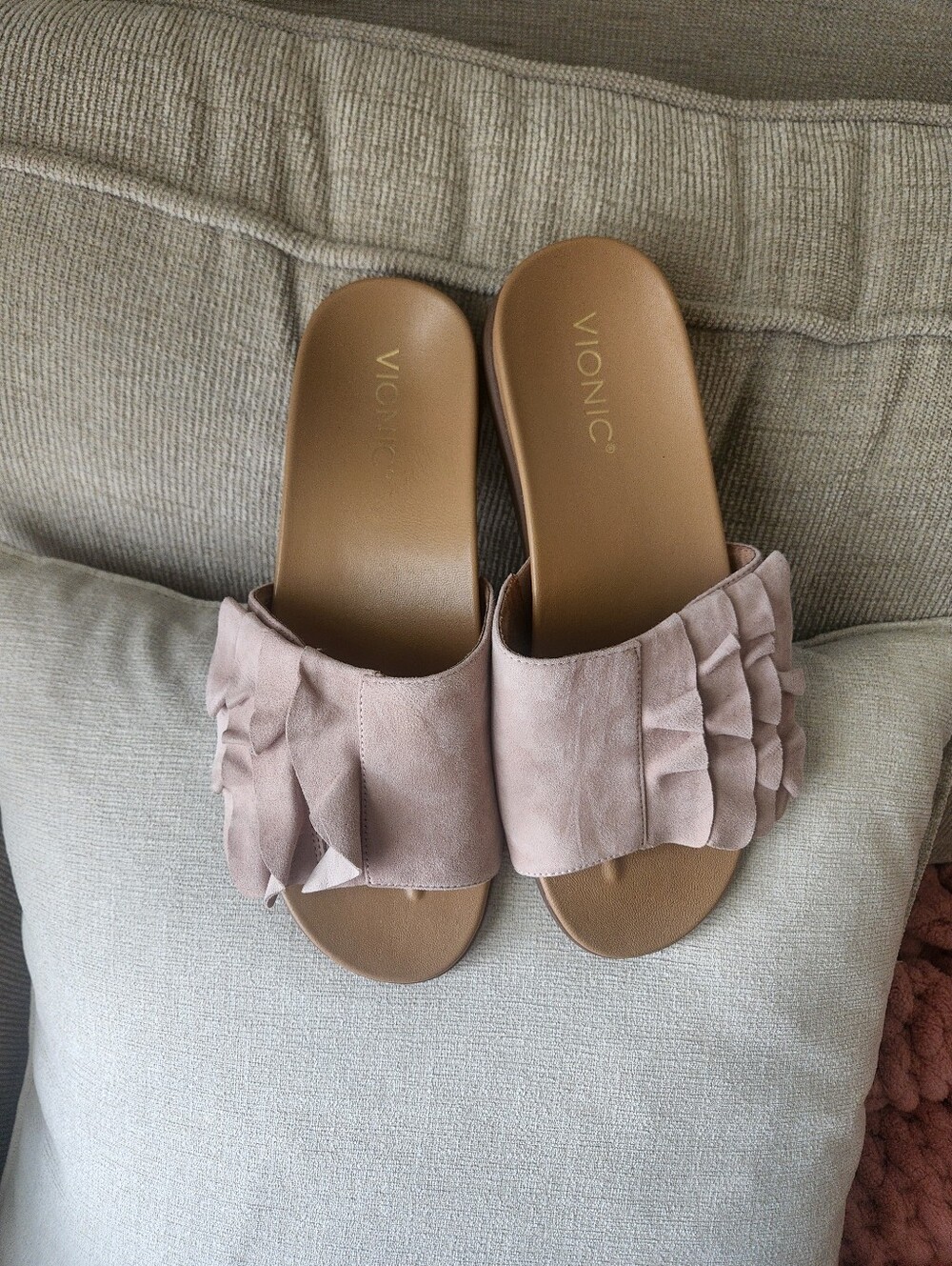 Vionic Taupe Ruffle Slide Sandals - Picture 2 of 7